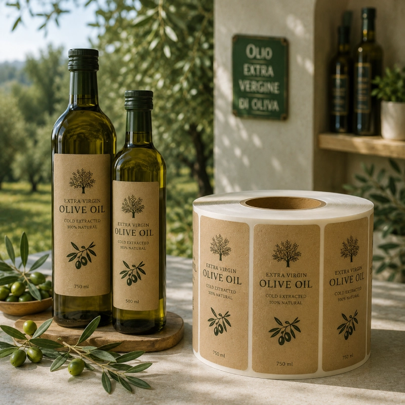 Kraft label on an olive oil bottle
