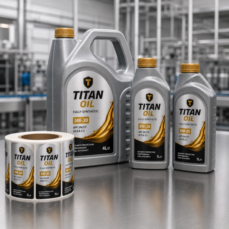 Motor oil bottle labels on silver metallised film