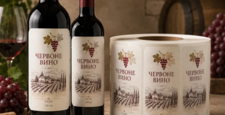Етикетки на пляшки червоного вина в рулоні поруч із готовою продукцією