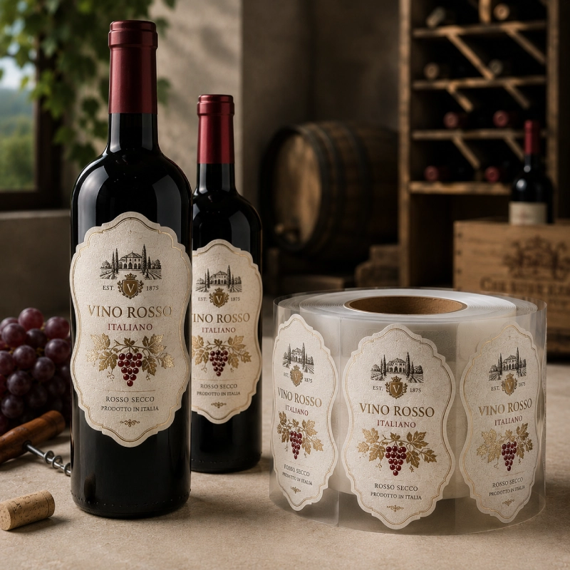 Die-cut wine label on designer paper shaped to fit the bottle